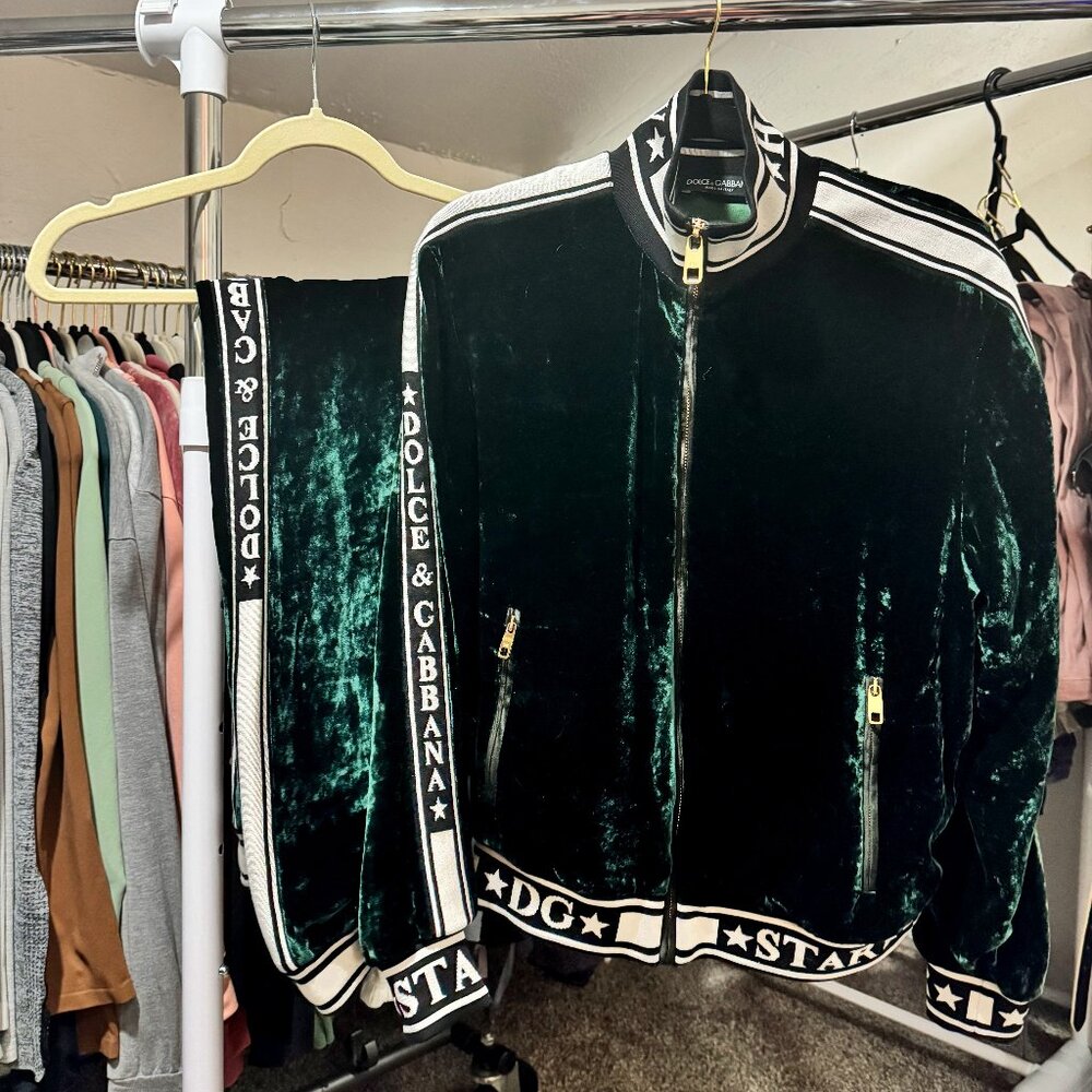 Dolce & Gabbana Green Velvet Logo Tracksuit Set – Jacket & Pants, Size 36